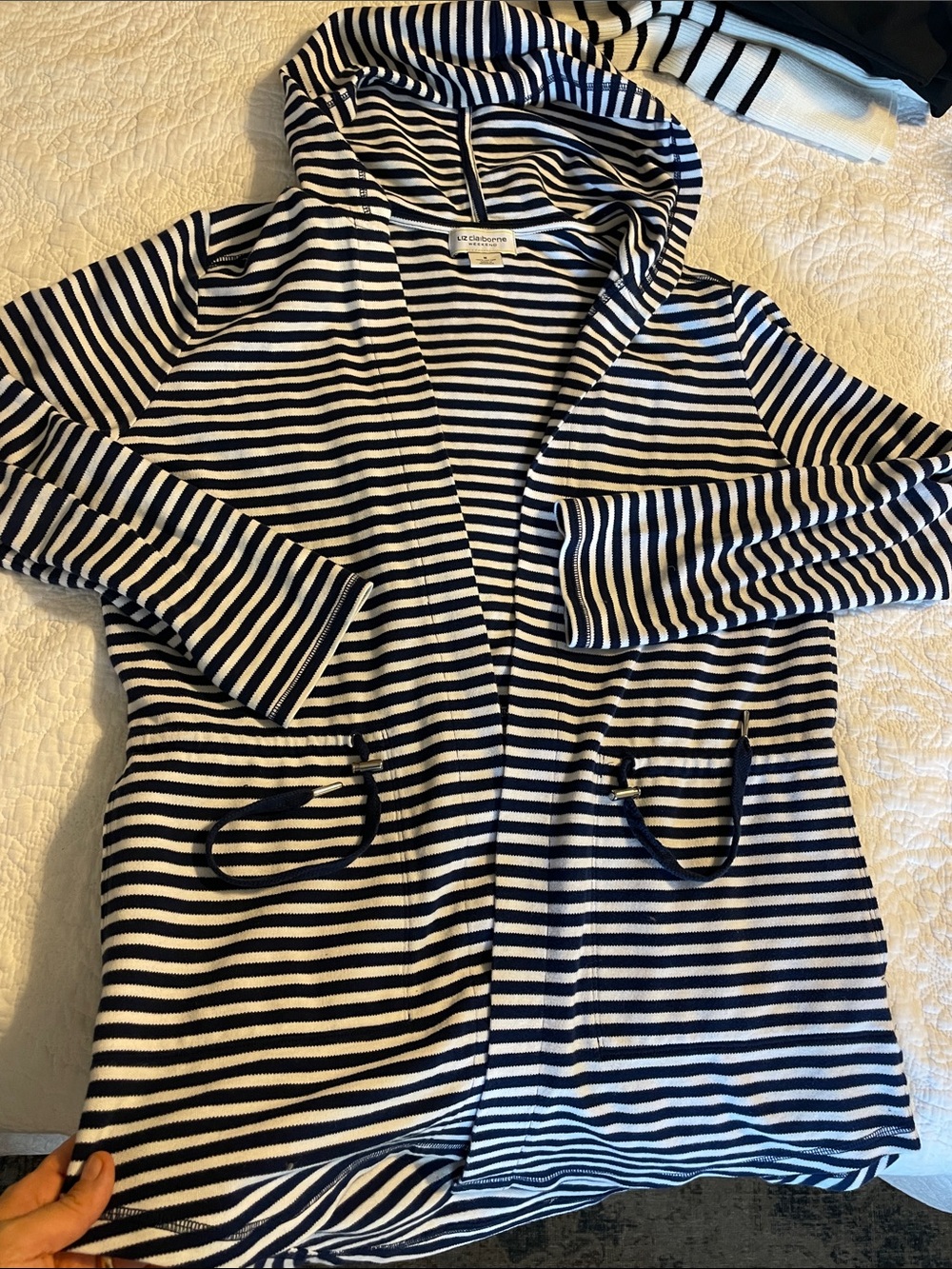 Liz Claiborne Navy & White Striped Hooded Cardigan